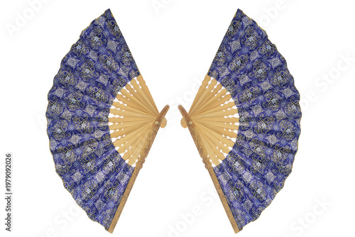 Two traditional elegant folding hand fan featuring intricate blue silver batik patterns, supported by wooden ribs, classic structure, natural warmth, arranged symmetrically, isolated white background