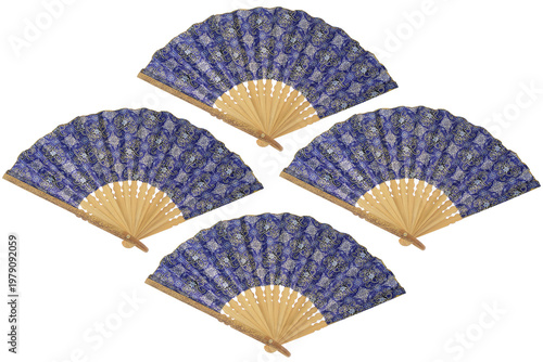 Four elegant blue patterned fans lie open, resting. Wooden frames show classic craftsmanship. Each fan displays floral motifs against with deep blue batik pattern and wooden ribs in a balance layout