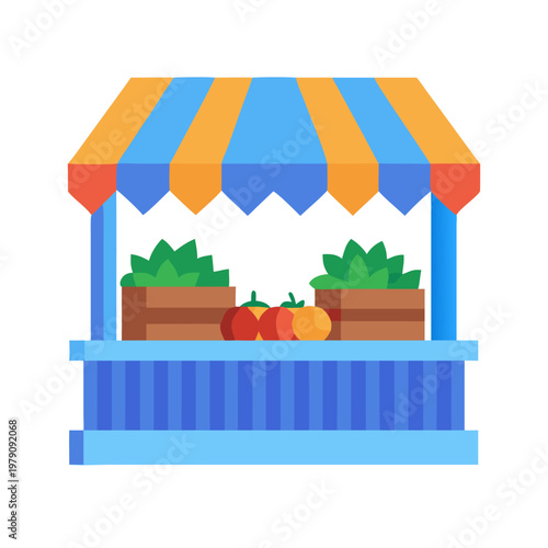Flat illustration of a fruit and vegetable stand with blue and orange awning