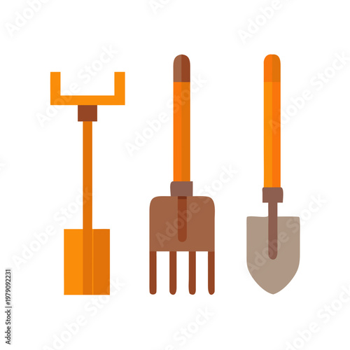 Minimalist Vector Illustration of Common Gardening Tools on a Black Background