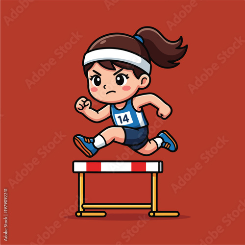 Girl Jumping Over Hurdle Running.