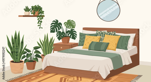 Bedroom Bed with Pillows and Plants.