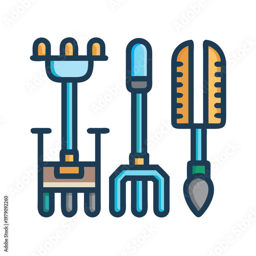 Garden tools isolated against black background depicting gardening implements and equipment