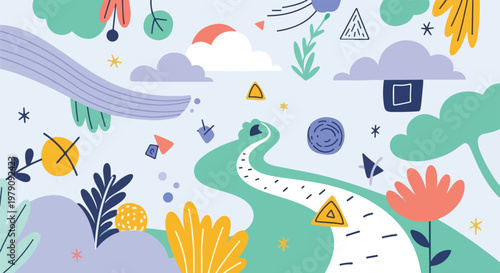 Colorful abstract shapes and symbols.