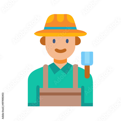 Flat illustration of a farmer with a shovel against a black background