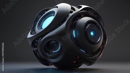 Futuristic spherical drone with glowing blue sensors and complex mechanical design against a dark background