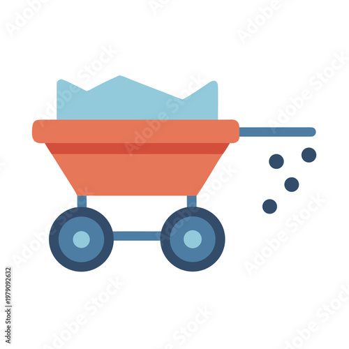 Orange fertilizer spreader filled with pale blue fertilizer, illustration in flat style