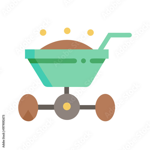 Illustration of a mint green wheelbarrow full of soil against a black background
