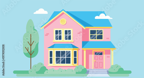 Pink two-story house with blue roof and yellow trim, surrounded by green lawn and trees