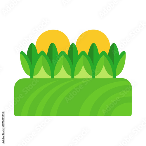 Flat Illustration of a Green Field with Crops and Sun on Black Background