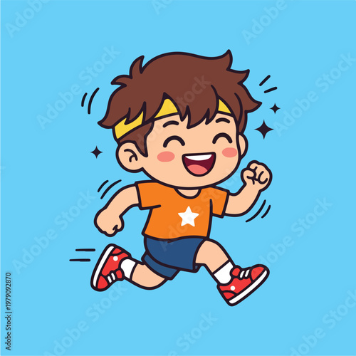 Happy Boy Running Fast Outdoors.