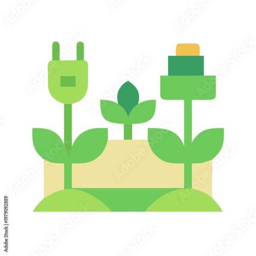 Sustainable energy concept with stylized plants powered by clean electricity in flat style