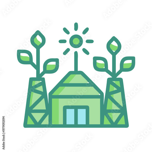 Modern eco-friendly power plant icon with plants and stylized sun