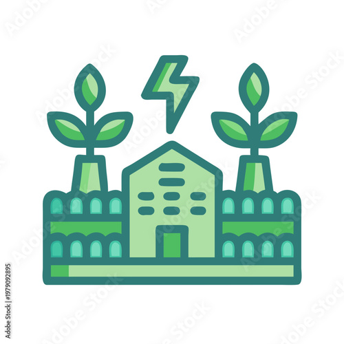 Green energy plant icon illustration representing sustainable power generation, eco-friendly tech