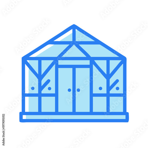 Stylized line drawing of a greenhouse on a black background showing a clear structure.