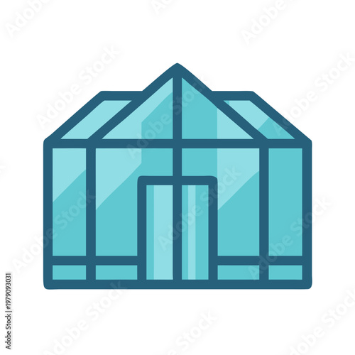 Illustrated greenhouse in shades of blue, front facing on a black backdrop