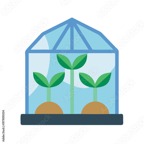 Flat design greenhouse with sprouting plants, symbol of growth and sustainability