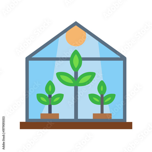 Plants growing in greenhouse illustration, symbolizing growth and environmental responsibility