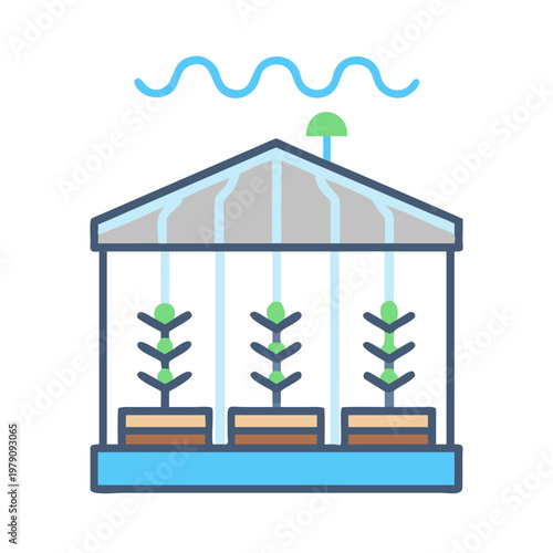 Illustration of plants growing inside greenhouse with abstract sun isolated over black