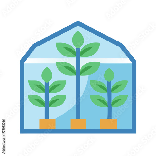 Illustration of three potted plants inside a greenhouse structure with a blue frame