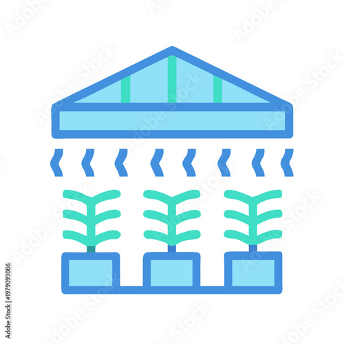 Stylized greenhouse icon with plants inside, in light blue and green tones
