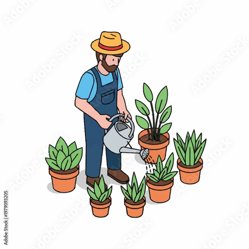 Man watering potted plants with a can.