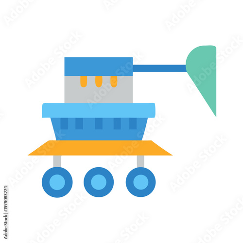 Flat vector illustration of a stylized rover exploring space with vibrant colors