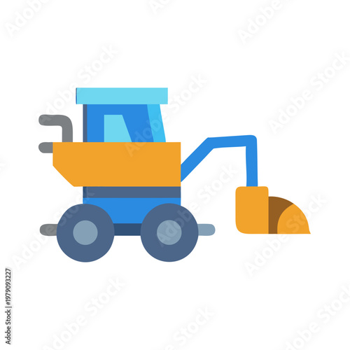 Stylized illustration of a construction digger vehicle, blue and orange colors against black background