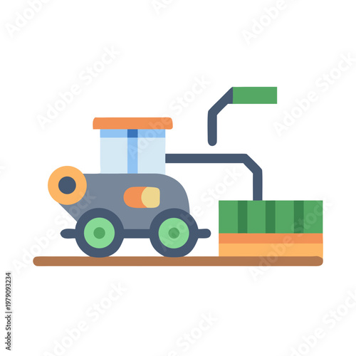 Modern flat vector illustration of an agricultural tractor working in a field