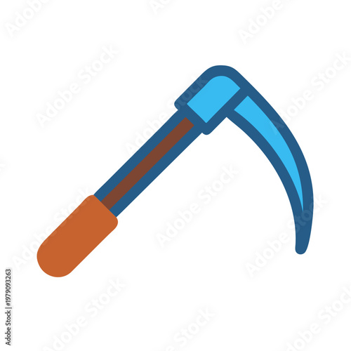 Stylized illustration of a hand tool with a curved blade on a black backdrop