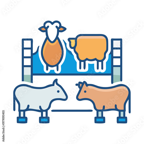 Livestock Illustration: Minimalist depiction of cows and sheep in a stylized composition