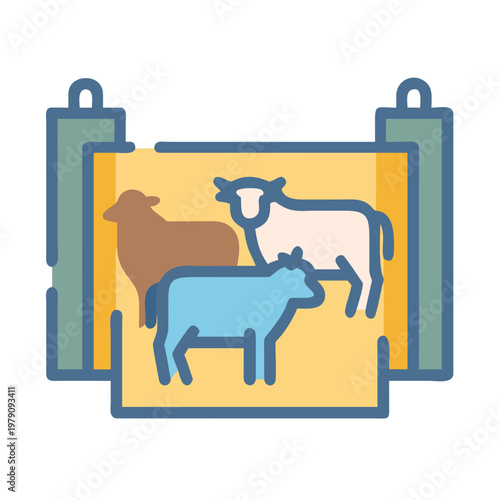 Abstract illustration of brown, white and blue cows behind fence in a farm