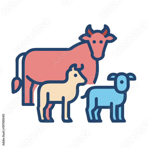 Stylized farm animals illustration featuring a cow, a calf and a lamb