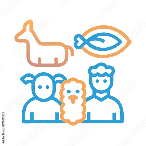 Minimalist biblical icons representing peaceable kingdom, animal, and human harmony in graphic style