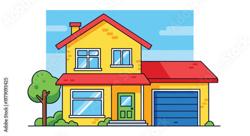 Cartoon-style yellow house with red roof and blue garage door