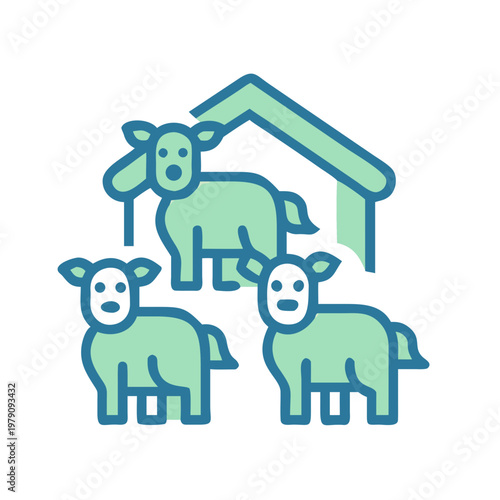 Abstract flat illustration of stylized sheep gathered around barn, isolated on black