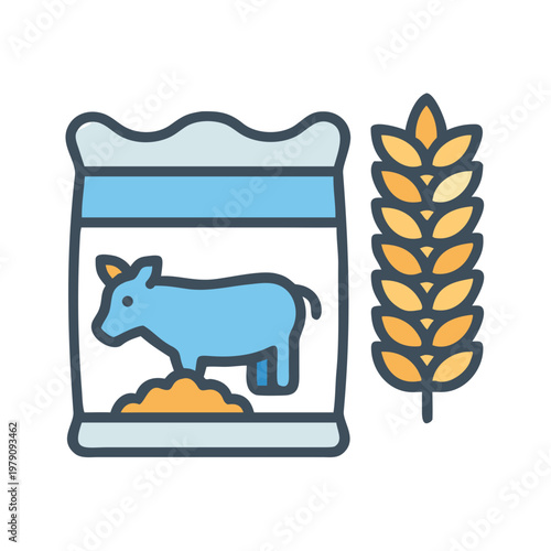 Iconic illustration of animal feed in a bag alongside wheat for livestock nourishment
