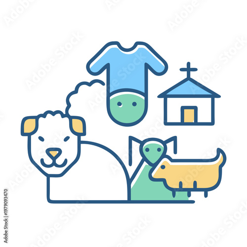 Colorful icons depicting infancy and family life on a black background