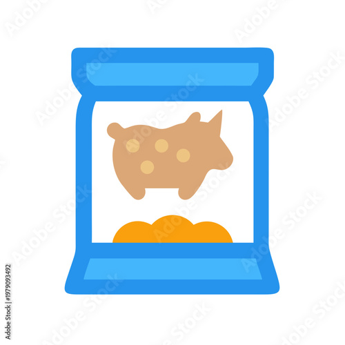 Blue bag with cow symbol and orange treat, on a black background