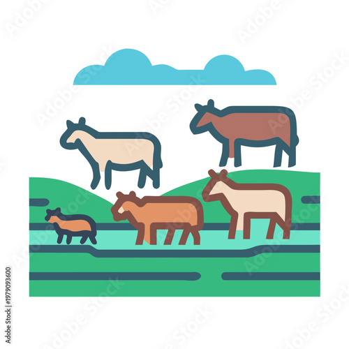 Livestock grazing on a green field with clouds, stylized illustration of farm animals