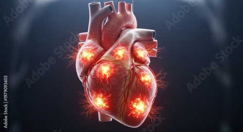 3D render of a human heart with glowing areas representing inflammation or cardiac distress in medical visualization