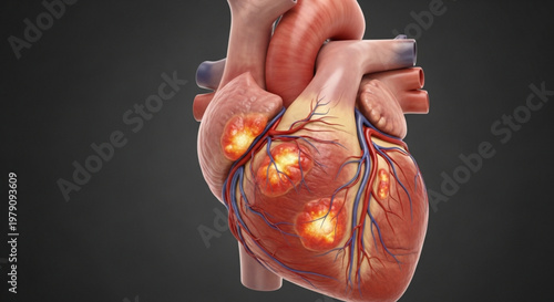 Medical 3D illustration of human heart with highlighted coronary arteries showing areas of potential blockage