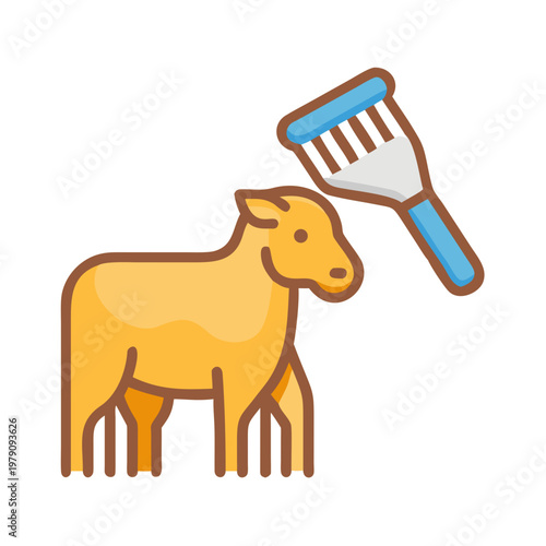 Stylized graphic illustration of a cow standing next to a grooming brush.