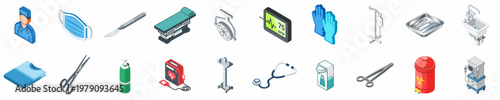 Comprehensive Collection of Isometric Surgical and Medical Equipment Icons for Hospital, Surgery, and Healthcare Illustrations.