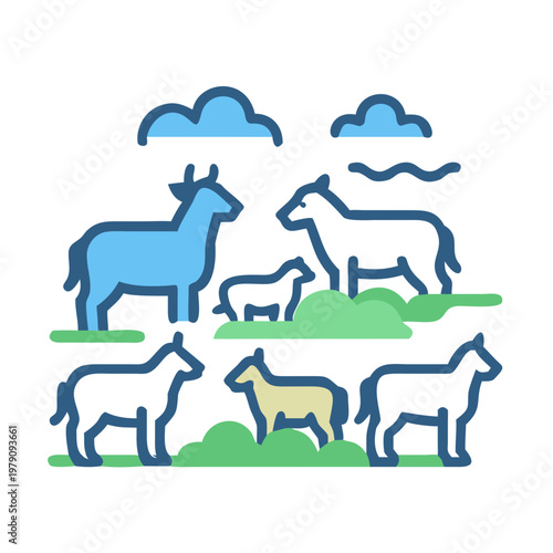 Stylized animal herd illustration with light blue, yellow and dark outline on black