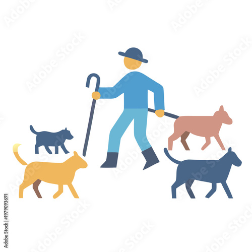 A Shepherd Walking His Sheepdogs Across a Field, Minimalist Flat Style Design