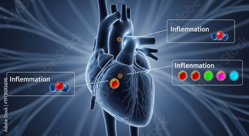 Ai generated heart anatomy diagram with inflammation markers and cellular icons for medical education purposes.