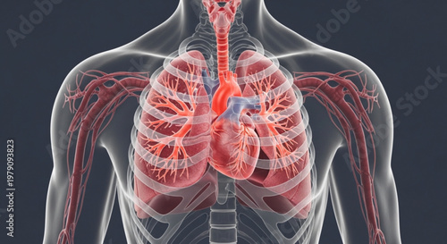 Anatomical illustration of human chest showing heart and lungs with bronchial inflammation in a transparent body view