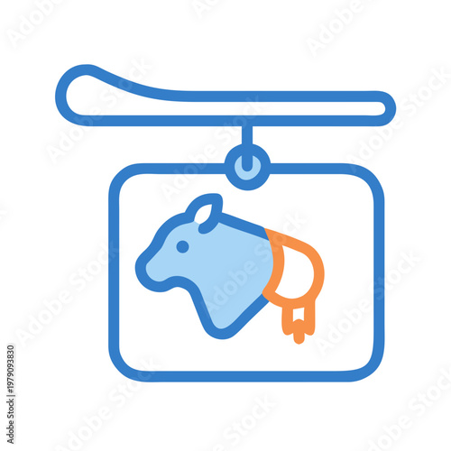 A blue cow emblem displayed on hanging signage, symbolizing farm or dairy products