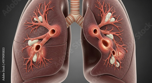 Detailed medical illustration of human lungs featuring inflammation and infection within the bronchial tree structure